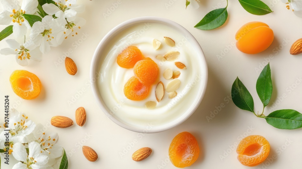 A bowl of yogurt with apricots and almonds, surrounded by spring blossoms and leaves. A healthy and delicious breakfast or snack. A bowl of yogurt with apricots and almonds, surrounded by spring blossoms and leaves. A healthy and delicious breakfast or snack.