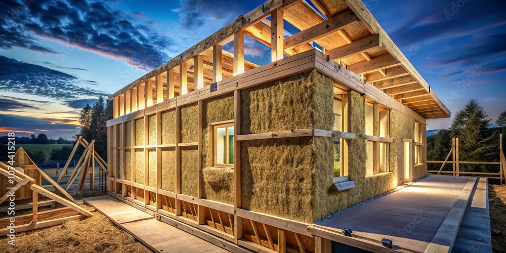 Fototapeta premium Thermal Insulation Coatings with Hemp Fiber on Wooden Structures for Eco-Friendly Residential Construction and Energy Efficiency