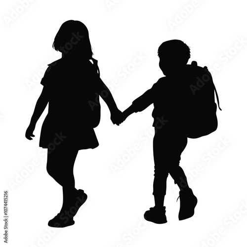 a sibling are going to school holding hands together vector silhouette