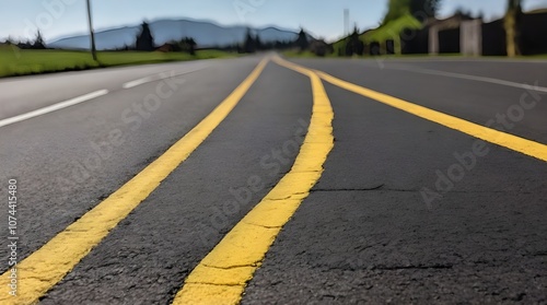 Closeup of a freshly paved asphalt road with a yellow line.generative.ai 