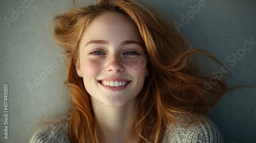 A young woman with freckles smiles warmly at the camera. Her red hair is styled in loose waves, adding to her relaxed and charming look. photo