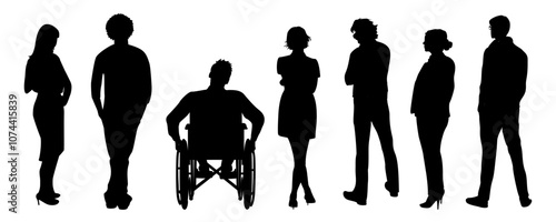 Silhouettes of diverse business people standingrear view, men, women full length, sitting in wheelchair. Inclusive business concept. Vector illustration isolated on transparent background.