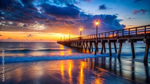 Tranquil Fishing Pier at Sunset with Illuminated Lightbox and Gentle Ocean Waves Reflecting on Wet Wooden Planks in a Serene Seascape Atmosphere