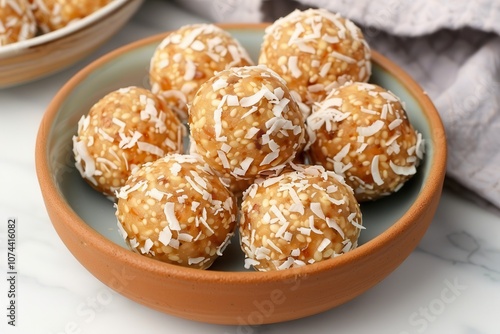 Sweet coconut energy balls arranged neatly in a bowl, topped with shredded coconut, offering a tempting treat for health-conscious snackers. photo