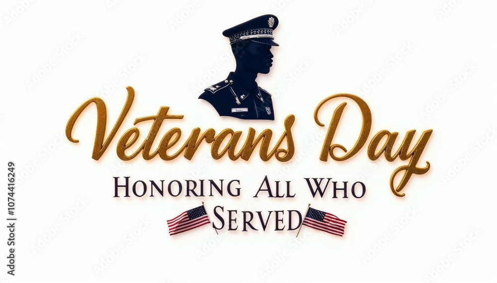 Luxury text 'Veterans Day Honoring All Who Served' combine golden and silver shape sticker with American Flag fluttering soldier silhouette army and Veterans stuff decorative isolated on white backgro Luxury text 'Veterans Day Honoring All Who Served' combine golden and silver shape sticker with American Flag fluttering soldier silhouette army and Veterans stuff decorative isolated on white backgro