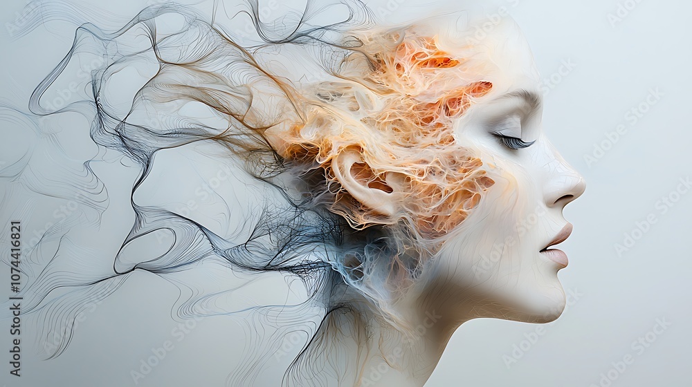 The abstract portrait depicts a woman with ethereal features, her face dissolving into a myriad of swirling colors and fragmented shapes The abstract portrait depicts a woman with ethereal features, her face dissolving into a myriad of swirling colors and fragmented shapes