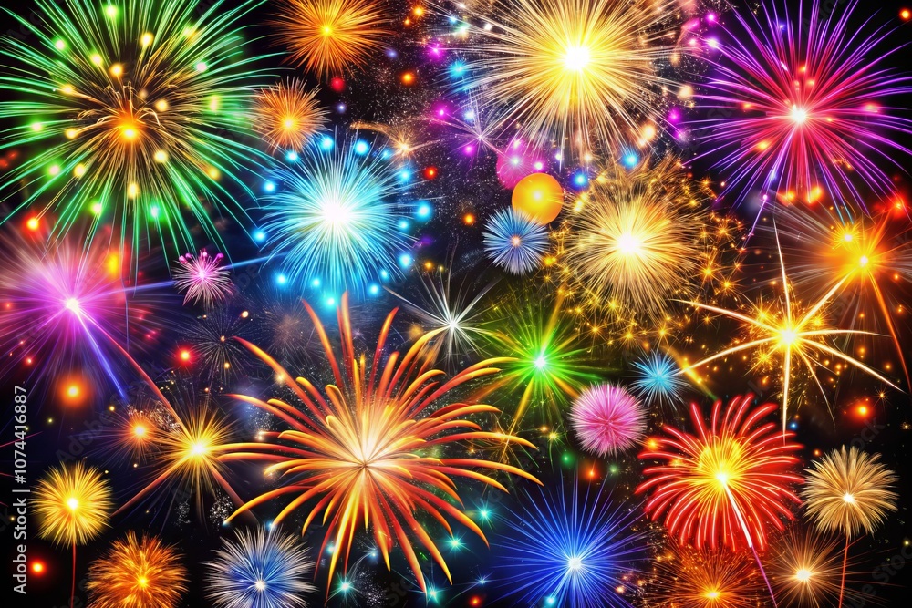 Fototapeta premium Vibrant Abstract Background Celebrating New Year and Christmas with Colorful Fireworks Display on Black, Creating a Festive Atmosphere of Joy and Celebration