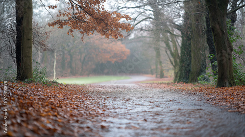 Winter pathway with fallen leaves in quiet park photo