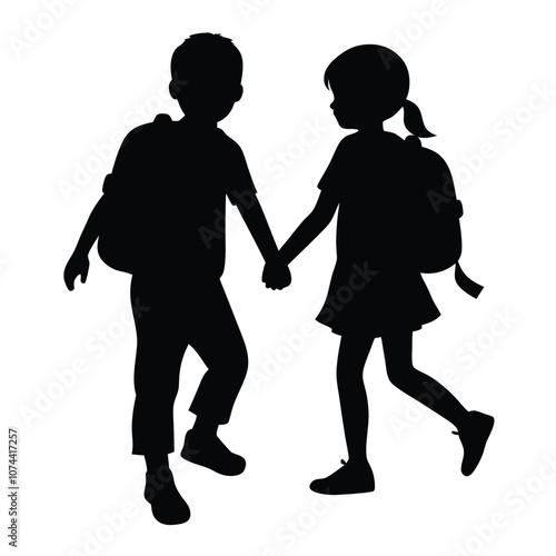 a sibling are going to school holding hands together vector silhouette