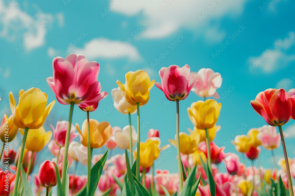 selective focus of colorful tulips field with blue sky and clouds selective focus of colorful tulips field with blue sky and clouds