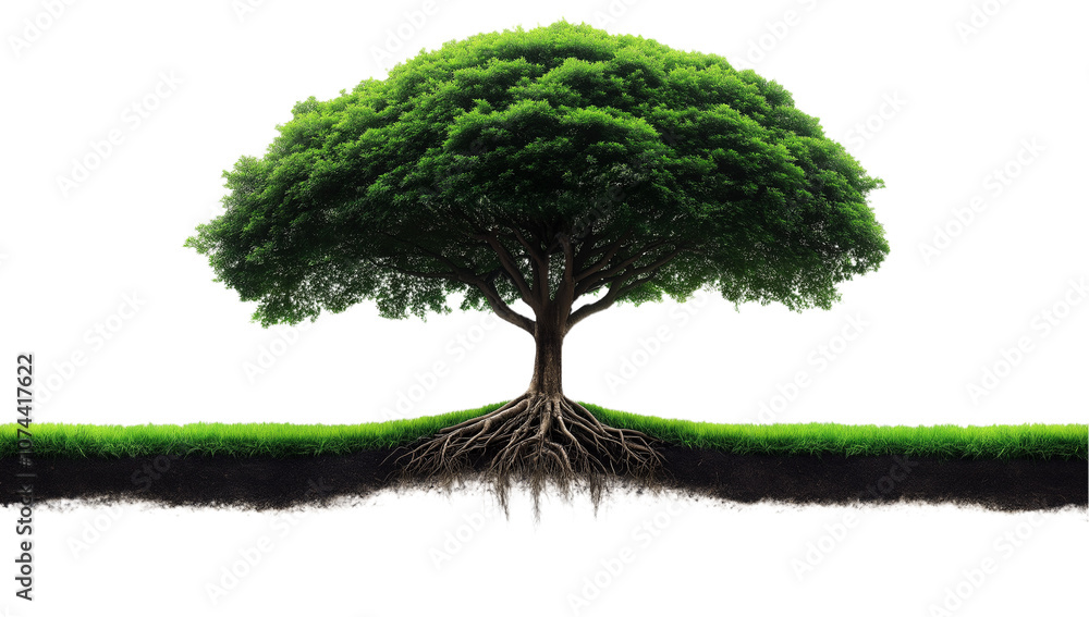 Full View of Tree with Expansive Roots on Transparent Background Full View of Tree with Expansive Roots on Transparent Background