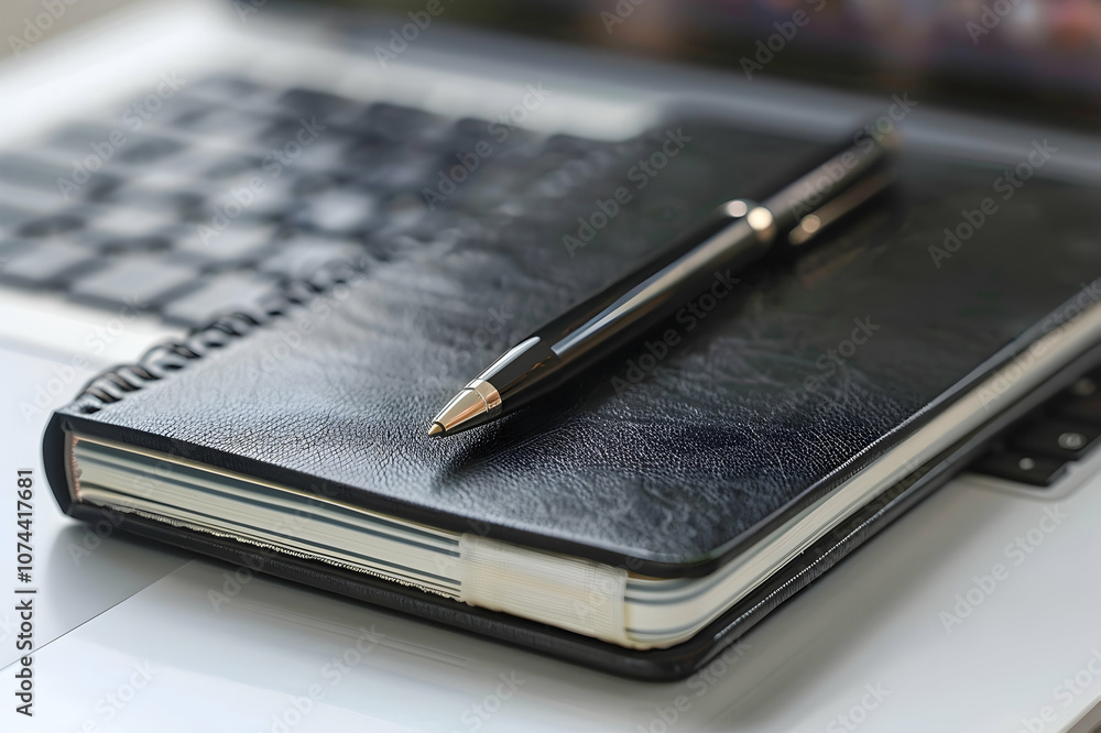 close up of black notebook and pen on laptop keyboard close up of black notebook and pen on laptop keyboard