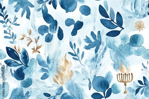 Abstract watercolor background with blue and gold floral elements.