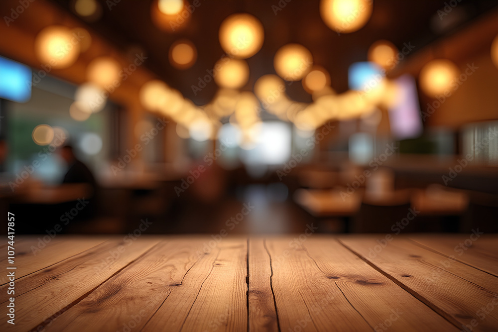 Image of wooden table in front of abstract blurred restaurant lights background Image of wooden table in front of abstract blurred restaurant lights background