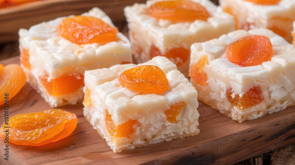 Creamy dessert squares topped with apricots, showcasing a delightful blend of flavors and textures, elegantly arranged on a wooden board. Creamy dessert squares topped with apricots, showcasing a delightful blend of flavors and textures, elegantly arranged on a wooden board.