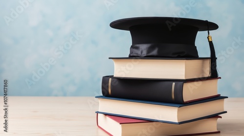 college graduation black hat on top of books