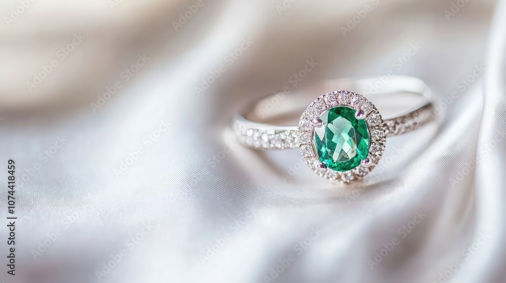 A close-up of a sparkling emerald ring, set in silver and surrounded by smaller diamonds, resting on soft white fabric. A close-up of a sparkling emerald ring, set in silver and surrounded by smaller diamonds, resting on soft white fabric.
