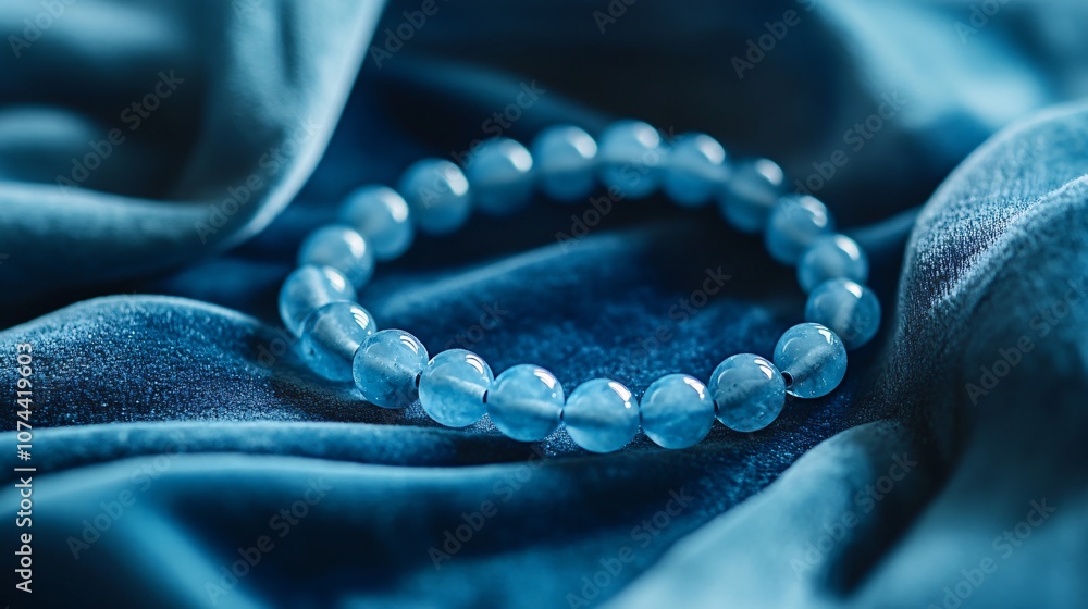 Delicate Blue Beaded Bracelet on Luxurious Fabric Background: A Stunning Close-Up Displaying Elegance and Serenity with Soft Iridescent Hues and Smooth Textures Delicate Blue Beaded Bracelet on Luxurious Fabric Background: A Stunning Close-Up Displaying Elegance and Serenity with Soft Iridescent Hues and Smooth Textures