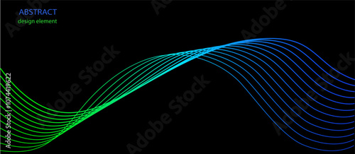 An abstract design featuring flowing wave lines in green and blue colors on a black background. This piece represents a concept of movement and fluidity. Vector illustration