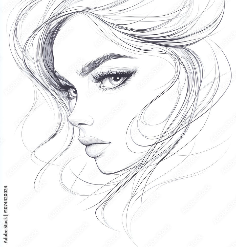simple line drawing of an elegant woman's face, with her hair and eyelashes flowing in the wind. simple line drawing of an elegant woman's face, with her hair and eyelashes flowing in the wind.