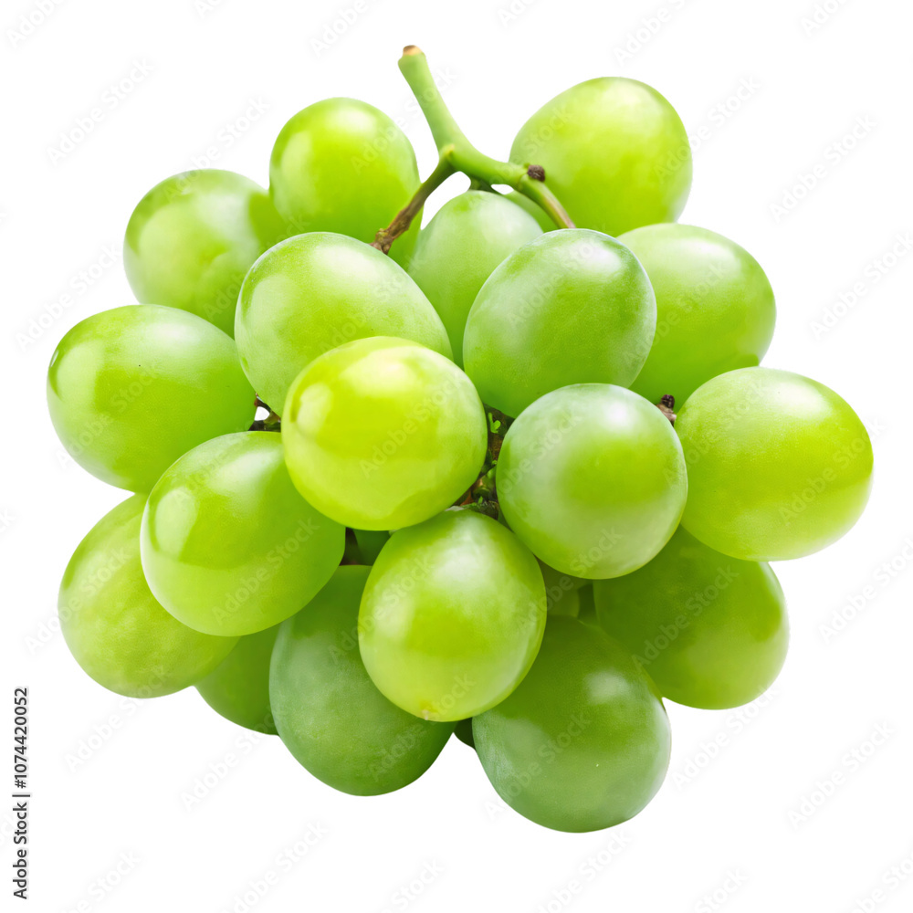 Cluster of green grapes with smooth, round surfaces, capturing freshness and juiciness, perfect for a summer snack, set against a transparent background Cluster of green grapes with smooth, round surfaces, capturing freshness and juiciness, perfect for a summer snack, set against a transparent background