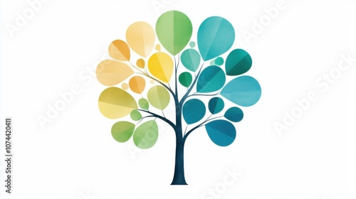 A vibrant, stylized tree design featuring colorful leaves in shades of green, yellow, and blue, symbolizing nature and growth. photo