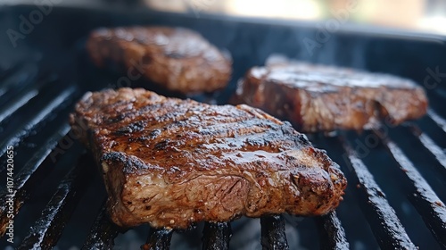 Close-up of a juicy steak grilling on a hot barbecue, the grill marks adding a delicious char. photo