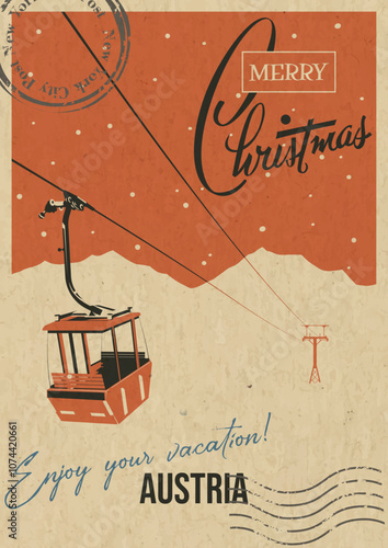 Merry Christmas Postcard, Austria Ski Resort, Aerial Tram, Mountains, Snowfall. Retro Greeting Card Style Illustration. Vintage Colors, Aged Paper Texture