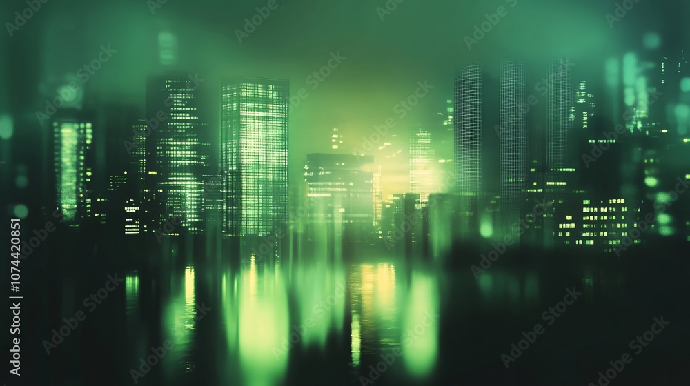 Ethereal Nightscape of a Dystopian City with Glowing Skyscrapers and Reflections in a Mysterious Green Hue, Capturing an Urban Dreamlike Atmosphere Ethereal Nightscape of a Dystopian City with Glowing Skyscrapers and Reflections in a Mysterious Green Hue, Capturing an Urban Dreamlike Atmosphere