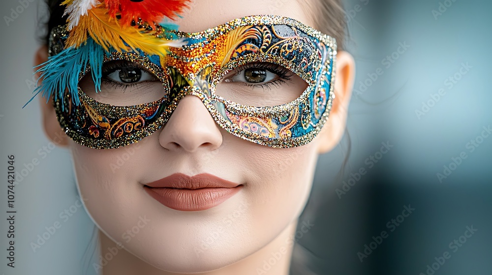 The Caucasian woman is wearing a vibrant and intricate carnival mask that is adorned with colorful feathers, glitter, and intricate patterns, adding a touch of mystery and allure to her appearance. The Caucasian woman is wearing a vibrant and intricate carnival mask that is adorned with colorful feathers, glitter, and intricate patterns, adding a touch of mystery and allure to her appearance.