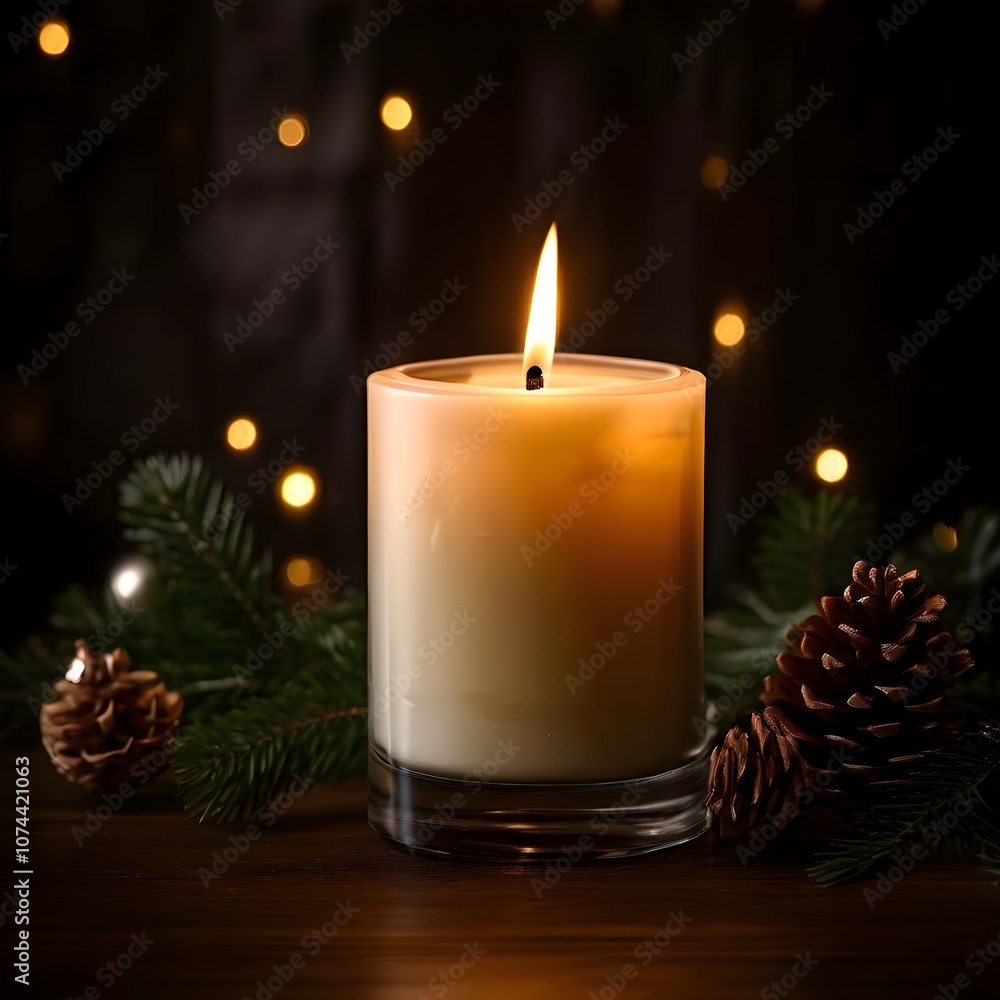 Simple Candle with a Soft Glow for Christmas Eve, Christmas candle, soft glow, minimal Christmas, peaceful holiday, warm lighting, modern holiday illustration, atmosphere, bokeh, calm, comfort, cosy Simple Candle with a Soft Glow for Christmas Eve, Christmas candle, soft glow, minimal Christmas, peaceful holiday, warm lighting, modern holiday illustration, atmosphere, bokeh, calm, comfort, cosy