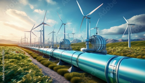 Hydrogen pipeline with wind turbines in the background. Green hydrogen production concept photo