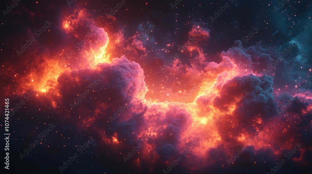 Obraz premium Stunning Cosmic Cloud with Vibrant Reds and Oranges Illuminating the Depths of Space Against a Starry Background in High Definition
