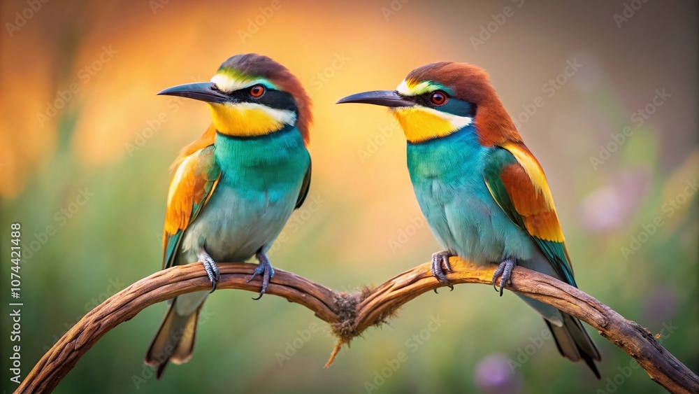 Fototapeta premium A Beautiful Vintage Style Capture of European Bee-eater Birds in a Heart-Shaped Pose, Perfect for Nature Lovers and Photography Enthusiasts