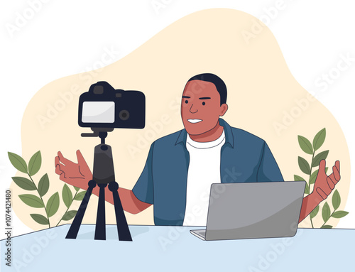 A content creator recording video with camera and laptop in front of him illustrator