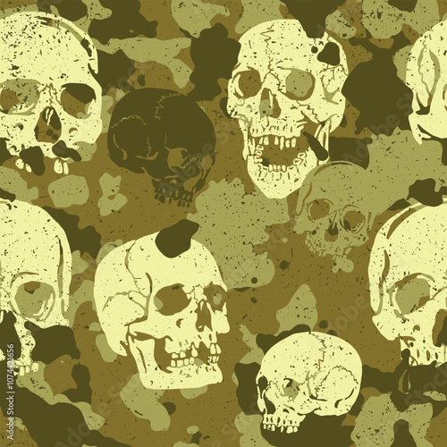 Seamless tan sand grunge vector camouflage pattern with human skulls incorporated