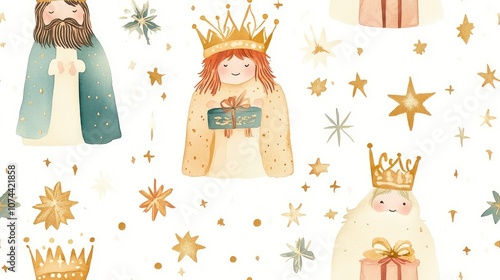 Watercolor seamless pattern with three wise men and golden stars on a white background.