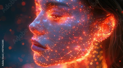 Ethereal Portrait of a Woman with Glowing Particles and Abstract Light Patterns, Emphasizing Beauty and Digital Enhancement in a Colorful Cosmic Atmosphere