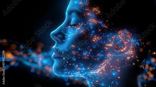 Ethereal Digital Human Silhouette with Glowing Particles and Circuitry Patterns Illustrating the Fusion of Technology and Humanity in Futuristic Artwork