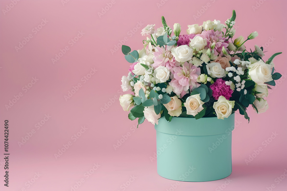 Fototapeta premium bouquet of flowers in turquoise gift box isolated on pink