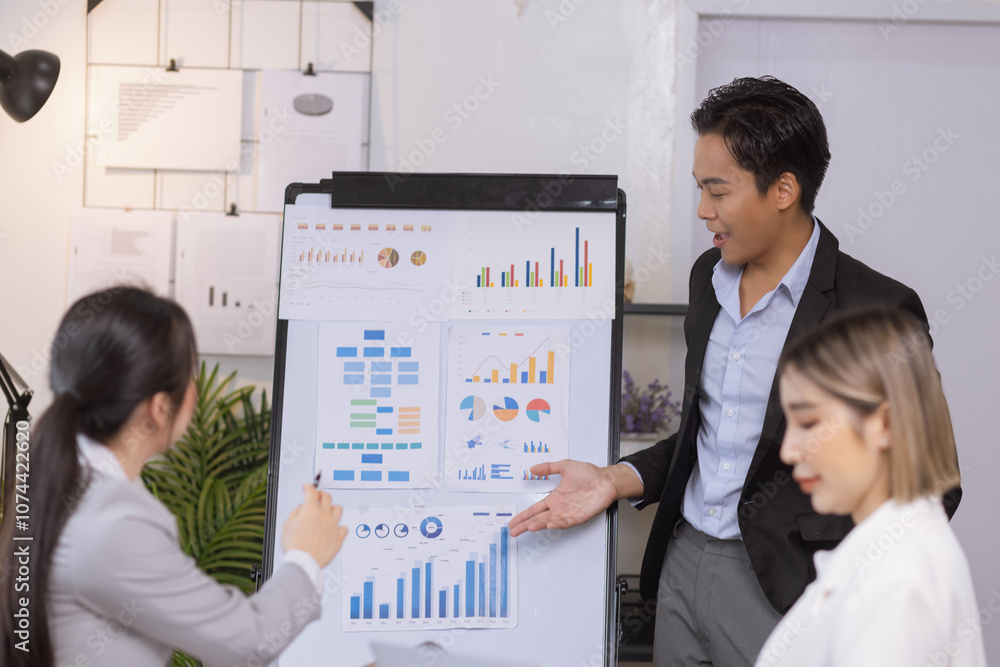 Asian business teamwork working on digital tablet with analysis report and advisor showing plan, Financial analysis and Marketing teamwork concept. Asian business teamwork working on digital tablet with analysis report and advisor showing plan, Financial analysis and Marketing teamwork concept.