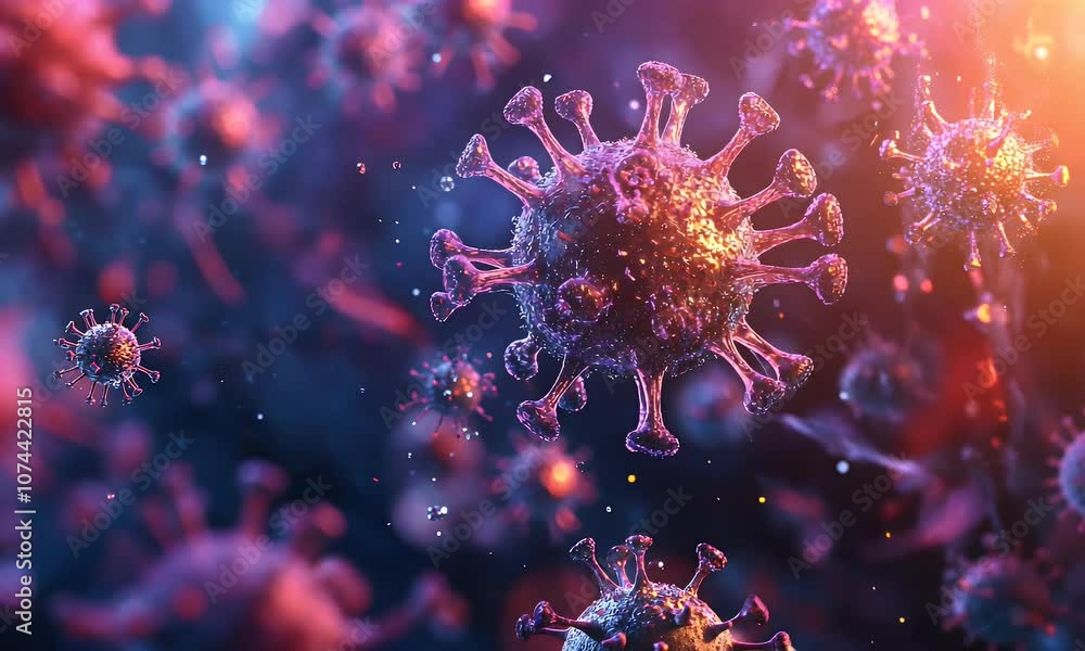 Close-up view of virus particles, highlighting their structure and environment. Close-up view of virus particles, highlighting their structure and environment.