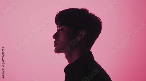 A young man in a dark shirt stands in profile against a vibrant pink background, gazing off to the side. The contrasting colors create a sense of mystery and intrigue.