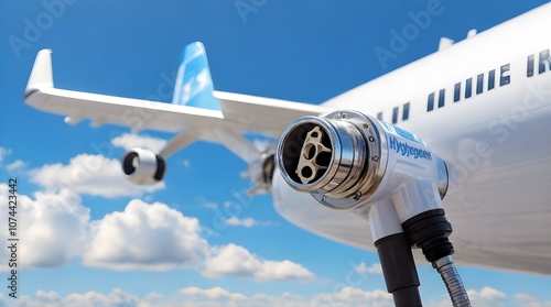 Fuel nozzle with the inscription Hydrogen on a background of airplane.generative.ai