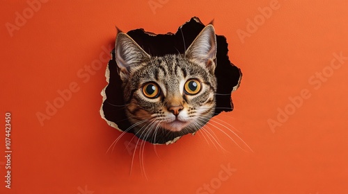 A curious feline with piercing eyes emerges from a torn hole in a vibrant orange backdrop, exuding both playfulness and a hint of mischief. photo