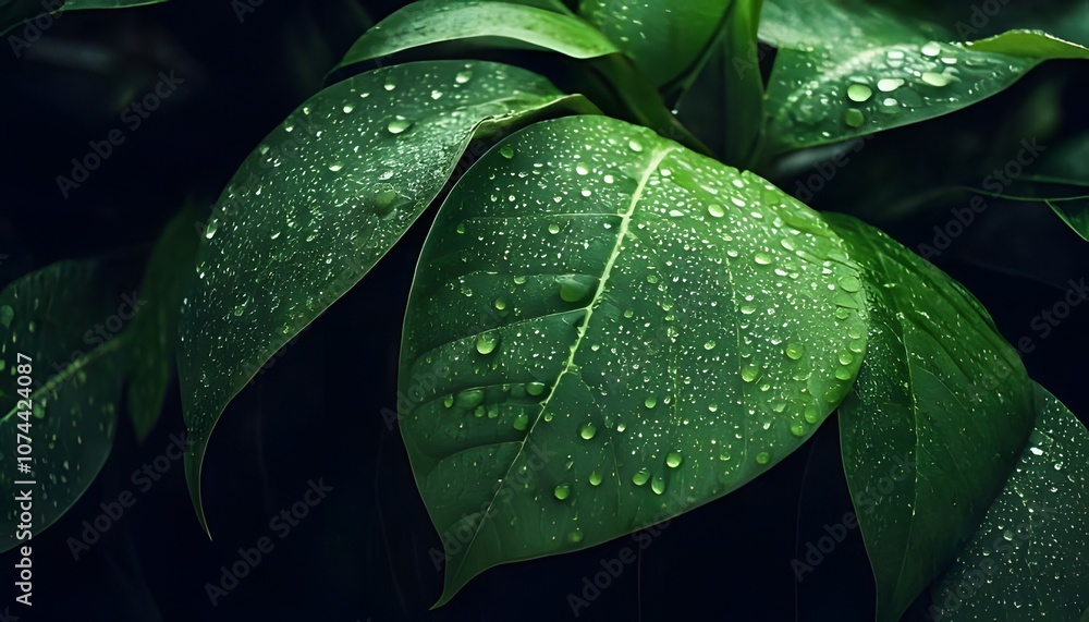 Fototapeta premium Dewdrops on leaves, natural pattern, botanical scene, 3D illustration.