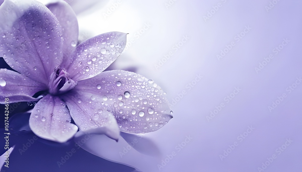 Dewdrops on petals, natural reflection, macro focus, 3D illustration.