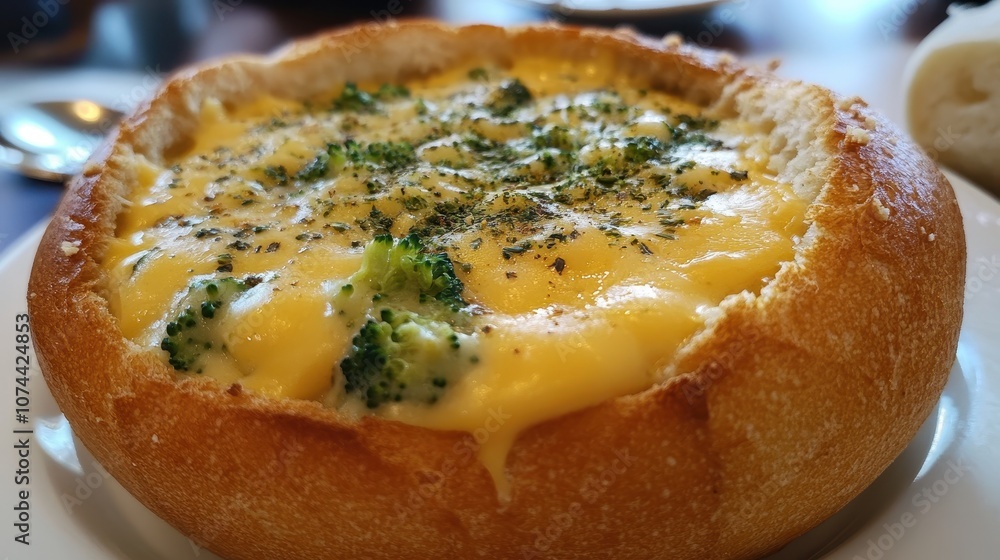 Cheesy broccoli soup in a bread bowl. Perfect for a cozy lunch or dinner. Cheesy broccoli soup in a bread bowl. Perfect for a cozy lunch or dinner.