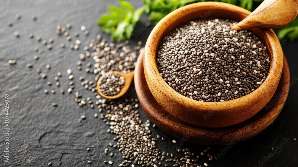 A bowl of chia seeds on a dark surface. This image is perfect for illustrating the benefits of chia seeds for health and nutrition. A bowl of chia seeds on a dark surface. This image is perfect for illustrating the benefits of chia seeds for health and nutrition.