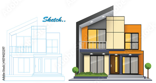 Template of Modern Minimalist House Design with Blueprint Sketch